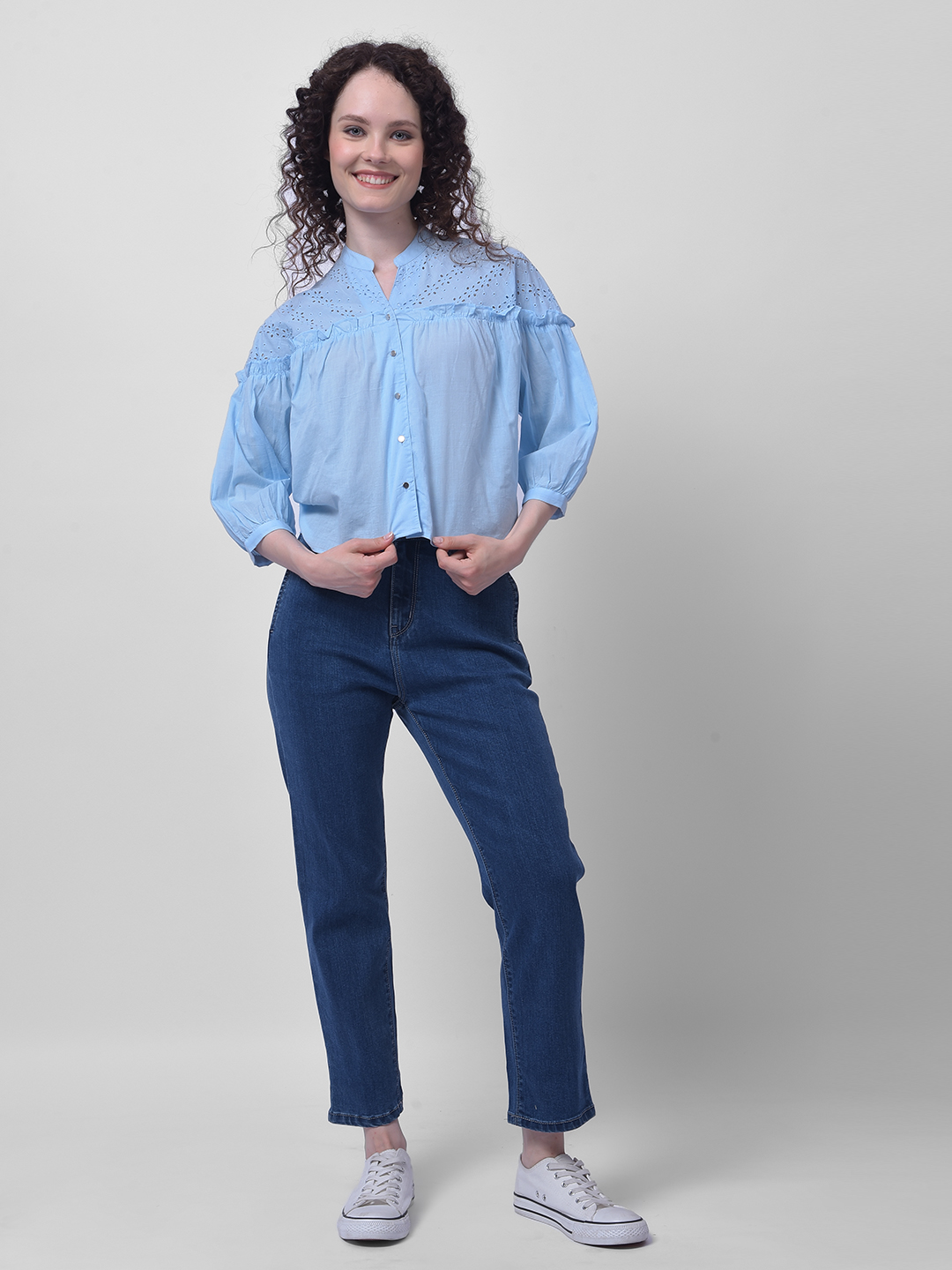 Numero Uno Women Light Blue Eyelet Yoke Cotton Top